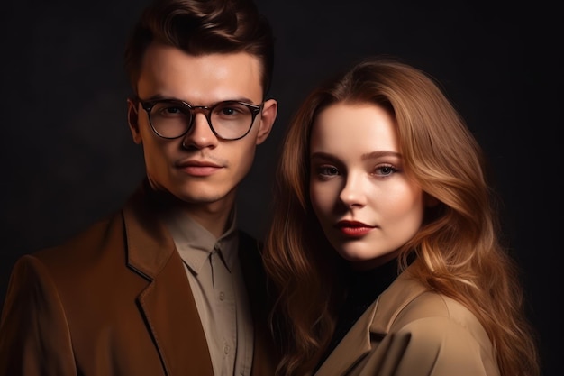 Studio de mode tourné beau jeune homme et belle jeune femme posant ensemble dans des lunettes élégantes