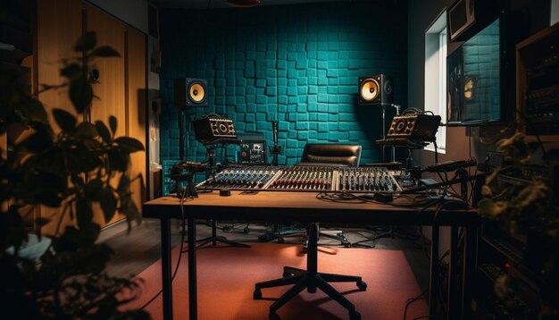 Studio moderne avec guitare informatique et équipement d'éclairage pour des performances générées par l'IA