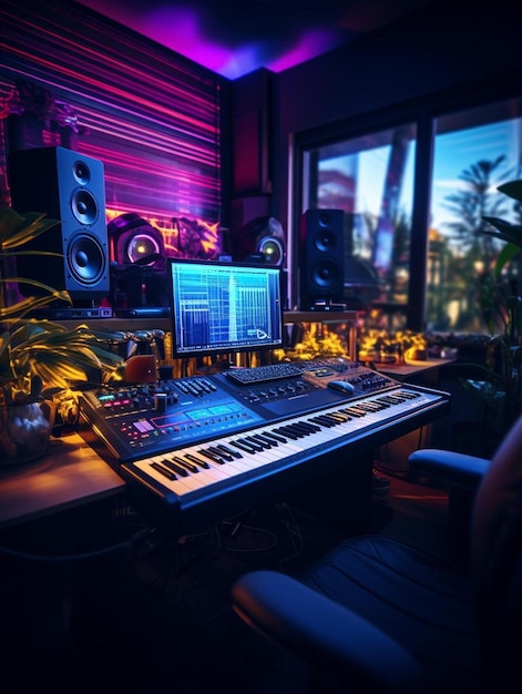 un studio de musique avec un clavier et un moniteur