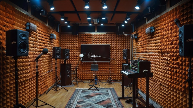 Photo studio de musique professionnel avec traitement acoustique sur les murs il y a une console de mixage haut-parleurs microphones et un clavier dans le studio