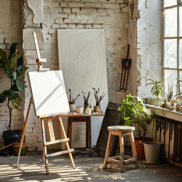 Photo studio de peinture vide, studio d'art dans un appartement au grenier, lieu de travail confortable, maquette de toile transparente sur chevalet.