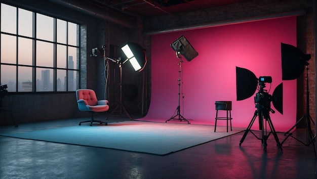 Un studio photo avec de l'éclairage rose et bleu et une grande fenêtre