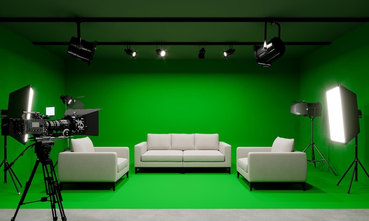 Photo studio photo à écran vert avec éclairage et rendu 3d de caméra vidéo