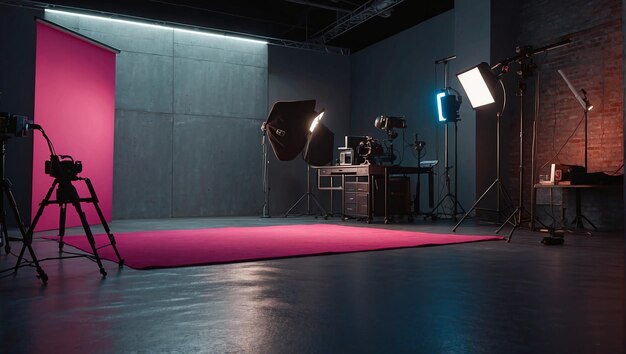 Un studio photo avec un fond rose et bleu