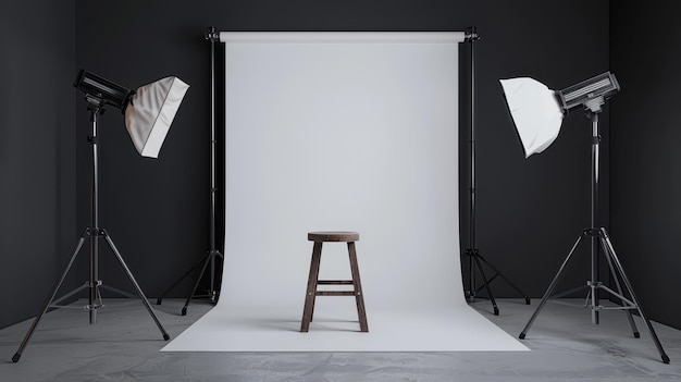 un studio photo avec un tabouret et des lumières