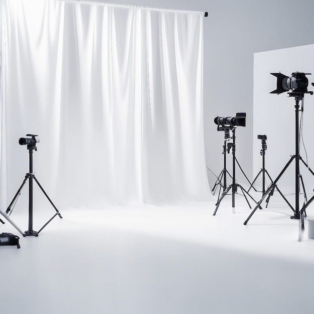 Studio de photographie avec équipement et fond blanc