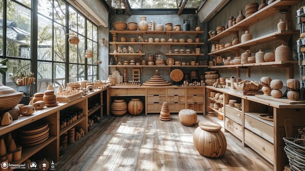 Studio de poterie en bois avec divers articles en céramique sur les étagères