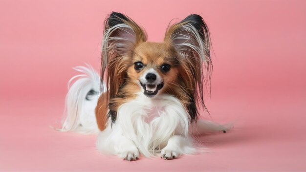 Studio prise de papillon tombé petits chiens isolés sur le mur blanc du studio