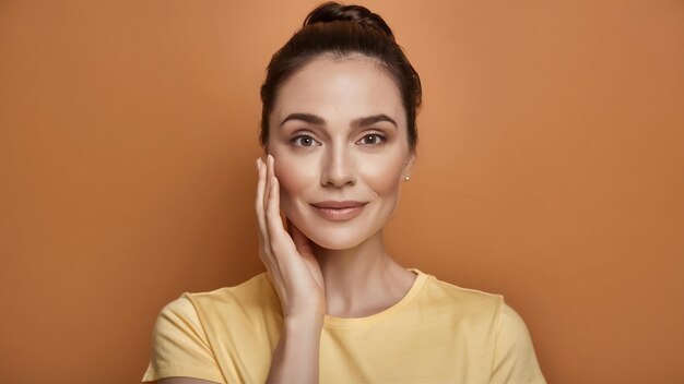 Photo studio de prise de vue de calme belle femme avec une peau saine touche le visage doucement porte un maquillage minimal a