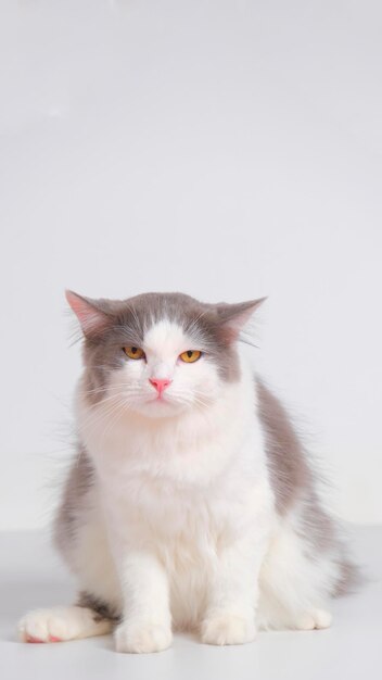 Studio de séance photo chat persan moelleux femelle gris et blanc avec fond blanc avec expression de chat