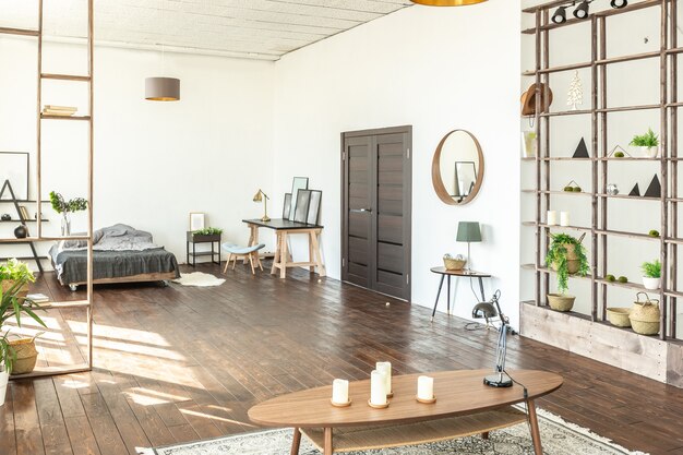 Studio spacieux décoré de bois et de blanc. Design minimaliste avec d'immenses fenêtres au soleil. coin cuisine et séjour