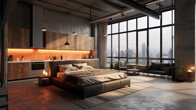 Studio de style loft de luxe avec un aménagement libre dans des couleurs sombres Cuisine moderne et élégante coin chambre confortable et salon fenêtre du sol au plafond avec vue imprenable sur la ville rendu 3D