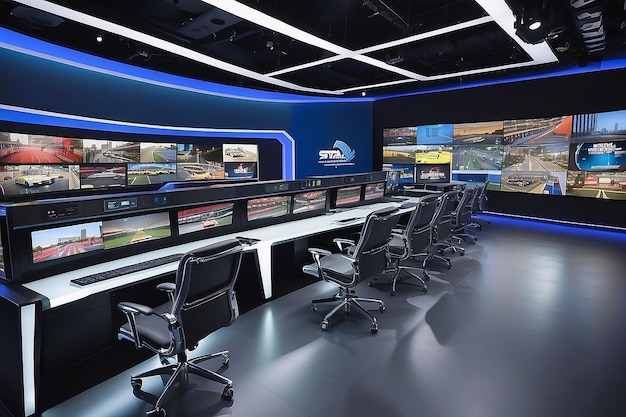 Photo studio de télévision speed studio principal du réseau de télévision speed dans le nouveau centre d'opérations speed