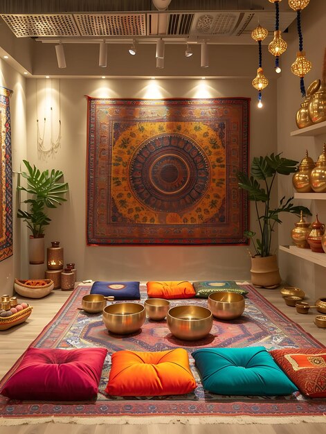 Photo un studio de yoga confortable inspiré de l'inde avec des tapisseries vibrantes, un plancher, une disposition intérieure et un décor créatif.