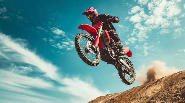 Photo stunt de moto un vélo de type motocross hors route en plein air lors d'un saut avec une piste de terre