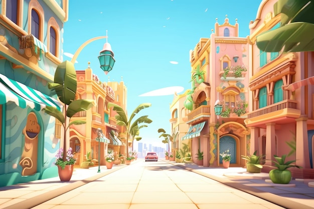 Style d'animation 3D de petite ville de dessin animé