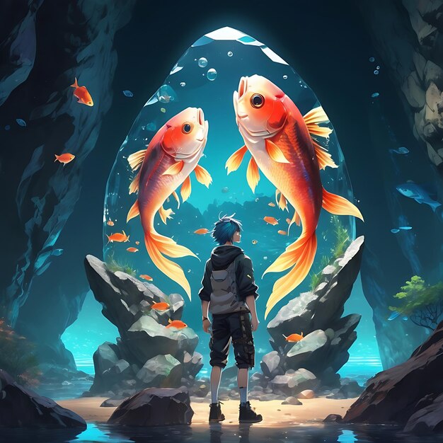 style anime beaux rochers au fond haut détaillé avec des poissons scène fantastique