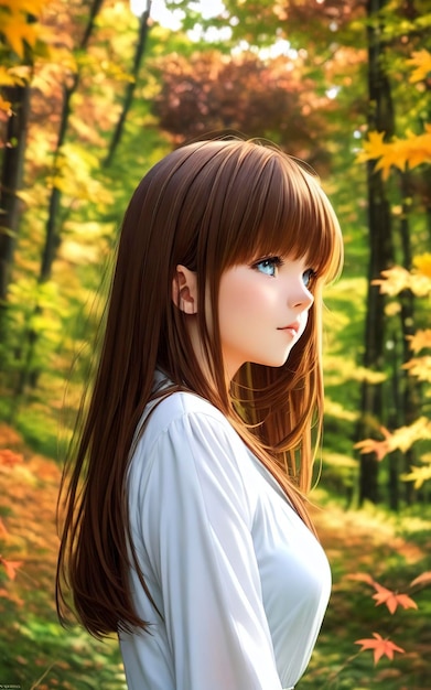 style anime jolie fille aux cheveux bruns grands yeux verts brillants portant une robe d'été dans une forêt d'automne