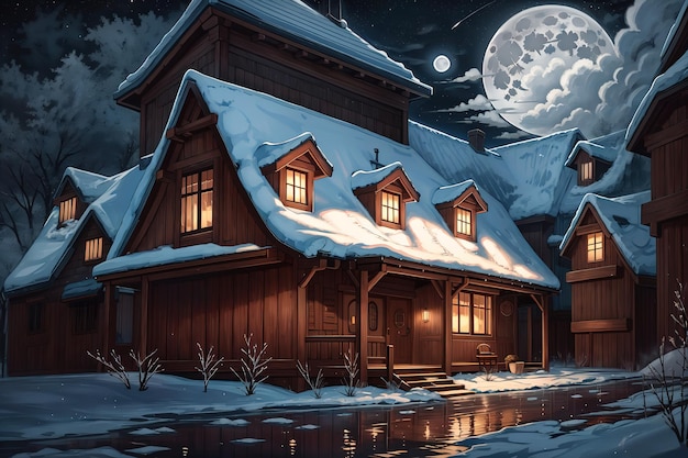 style anime une maison par une nuit noire avec la lune en arrière-plan