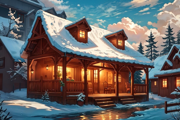 style anime une maison avec un porche et un porche avec des lumières sur le toit