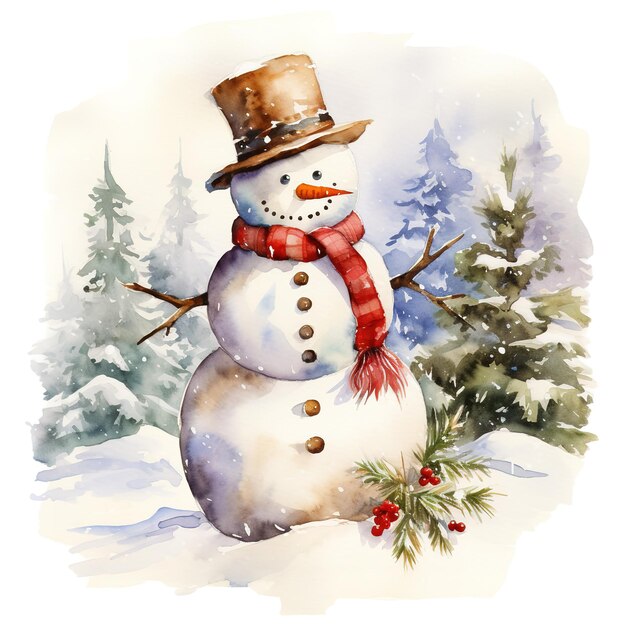 Style aquarelle de bonhomme de neige et d'arbre de Noël