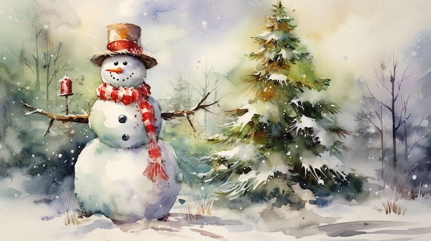 Style aquarelle de bonhomme de neige et d'arbre de Noël