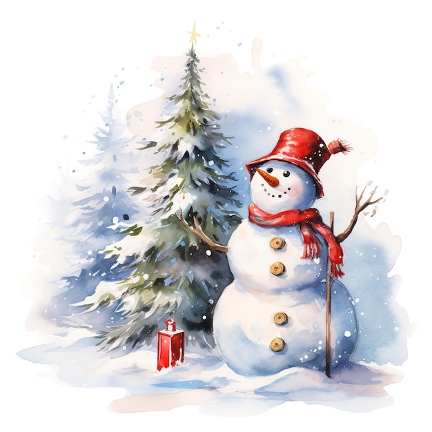 Style aquarelle de bonhomme de neige et d'arbre de Noël