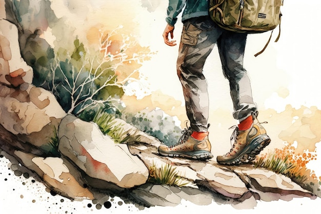 Style aquarelle un homme faisant de la randonnée en plein airAI généré