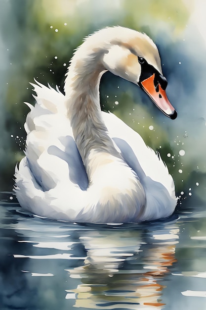 Style aquarelle avec vue sur le lac des cygnes blancs sur toile