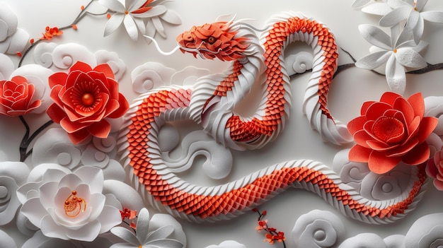 Le style d'art et d'artisanat en papier rouge sur fond blanc pour célébrer le nouvel an chinois 2025 l'année du serpent Traduction chinoise Bonne année chinoise 2025 l' année du serpent