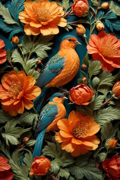 Style Art Déco de William Morris utilisant des fleurs d'oiseaux et des plantes