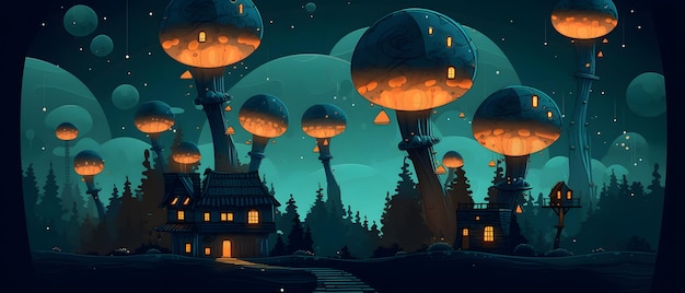 Un style d'art numérique d'un village avec des maisons de champignons rougeoyantes.