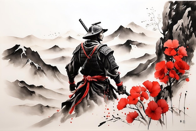 Photo le style d'art de la peinture à l'encre du guerrier samouraï japonais