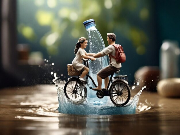 Photo style artisanal une famille à vélo et l'eau sort du robinet sur la bouteille d'eau