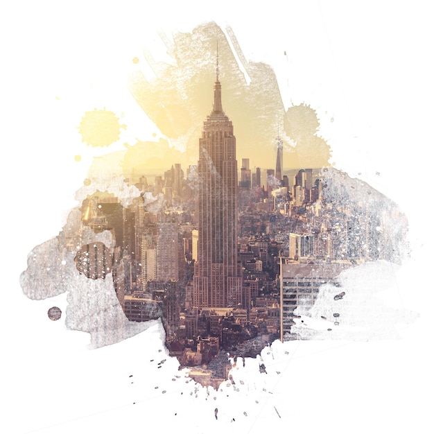 Style artistique aquarelle Vue aérienne de Manhattan au lever du soleil New York City USA isolé sur fond blanc