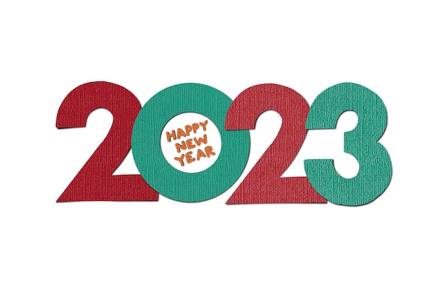 Style de coupe de papier de la conception de logo 2023 Conception de texte tendance Happy New Year Pour la couverture et le calendrier du réseau social web de la bannière Signe du drapeau 2023 isolé sur blanc