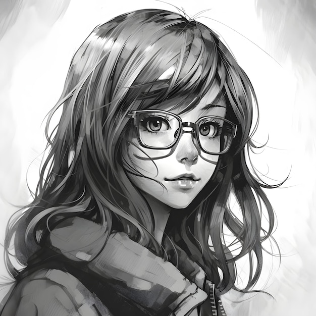 Style de croquis de couleurs noir et blanc de portrait de fille anime mignon