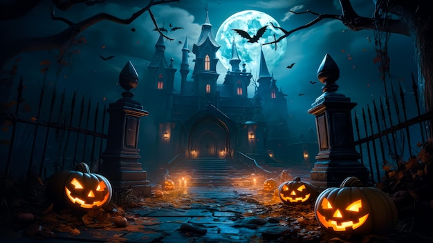 Style de dessin animé 3d de nuit effrayante d'halloween avec citrouille et château pour bannière de paysage