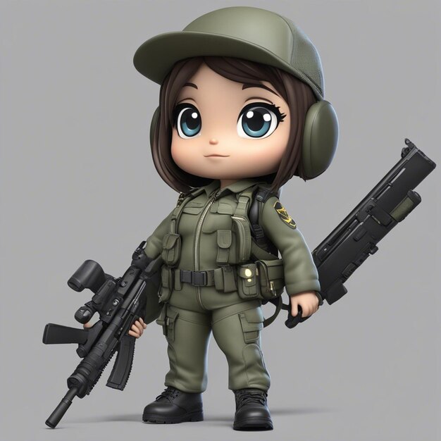 Un style de dessin animé chibi3Dfille de personnage de l'armée brésilienne avec une veste de pistolet utilisant un sac à dos