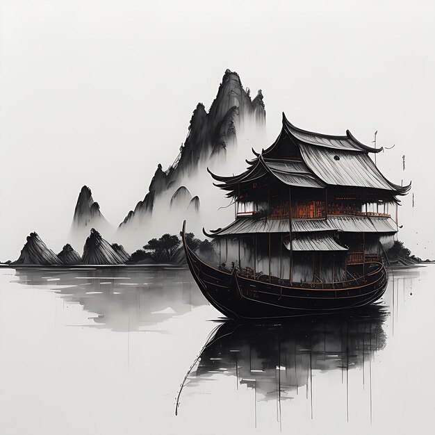 Style de dessin animé chinois asiatique couleurs bleues pagode temple tour paysage AI Génératif