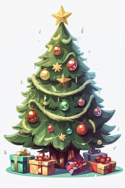 Style de dessin animé clipart arbre de Noël avec fond blanc