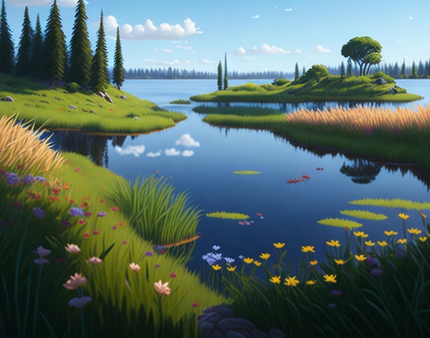 Style de dessin animé de la jungle Scène forestière avec lac et arbres Fond de paysage naturel généré par l'IA