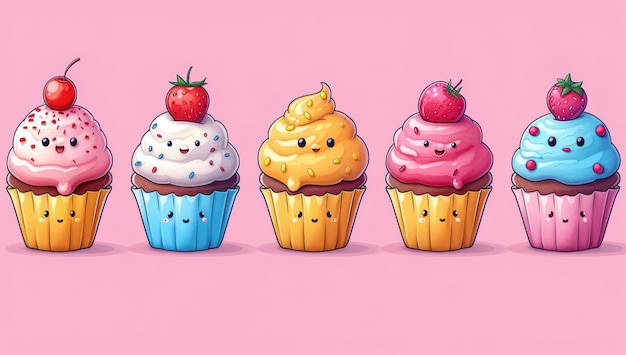 Style de dessin animé Kawaii Cupcakes Logo et icône Set de gros plan extrême IA générative