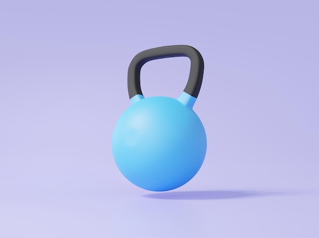 Style de dessin animé minimal fer lourd kettlebell icône couleur bleu ciel flottant sur fond pastel violet fitness soins de santé concept sain illustration de rendu 3d