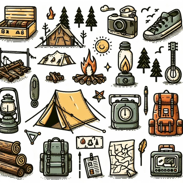 style de dessin vectoriel de la collection d'icônes de camping