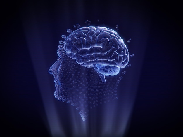 Photo le style hologramme d'un cerveau et d'une tête humaine.