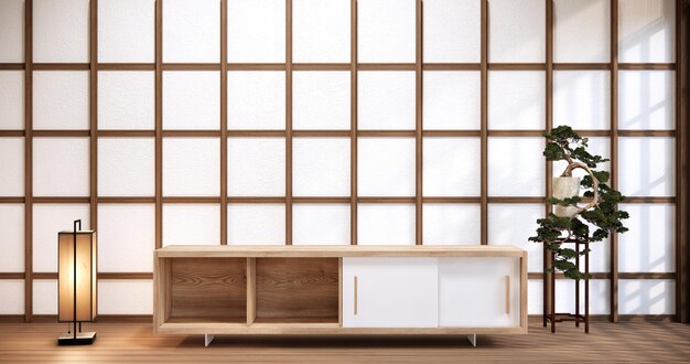 Style japonais moderne et décoré avec armoire sur mur blanc rendu 3d