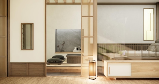 style japonais moderne et décoré avec des armoires sur le mur blanc