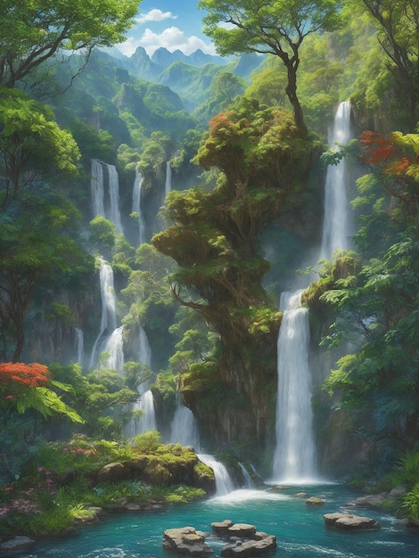 Style jardin d'Eden ultra réaliste belle cascade beaux arbres colorés
