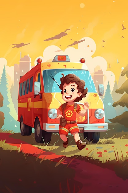 style livre pour enfants ambulance jaune rouge devant un enfant courageux souriant